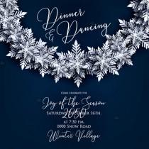 wedding photo -  Christmas Party Invitation Paper cut origami snowflake on navy blue background birthday