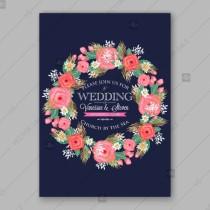 wedding photo -  Pink rose, peony wedding invitation card dark blue background floral watercolor