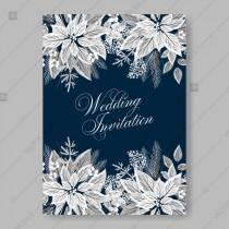 wedding photo -  White poinsettia fir pine wreath on blue background wedding invitation template thank you card