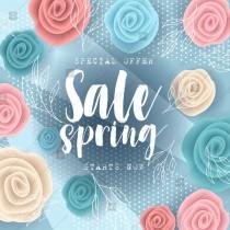wedding photo -  Spring sale banner design vector illustration blue pink roses paper origami flowers invitation template