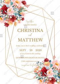 wedding photo -  Wedding invitation set marsala pink peony rose watercolor greenery gold frame PDF 5x7 in invitation editor