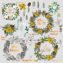wedding photo -  Christmas holiday vector clipart floral elements poinsettia fir pine branch cone berry thank you card
