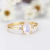 wedding photo - Moonstone Engagement Ring, Oval Engagement Ring, Simple ring, Delicate Ring, Cluster Engagement ring Moonstone and diamonds ring