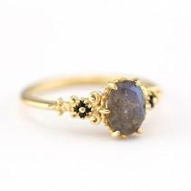 wedding photo - Labradorite engagement ring, oval engagement ring, black diamonds engagement ring, delicate ring black diamonds, Vintage engagement ring