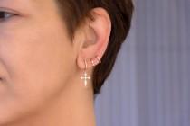 wedding photo - Cross Dangle Hoop Earrings CZ Sterling silver Diamond cut Crystal Stud Teen Statement gift for her mom women sale