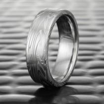 wedding photo - Unique Damascus Steel Flat Wedding Band for Men. Stainless Steel Mokume Gane Handmade Ring  