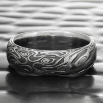 wedding photo - Damascus Steel Men's Domed Band with Dark Fire Oxide Finish. Hand Forged Woodgrain Pattern 