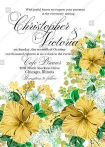 wedding photo -  Wedding invitation set yellow lemon hibiscus tropical flower hawaii aloha luau PDF 5x7 in wedding invitation maker