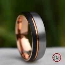 wedding photo - Domed Tungsten Ring Black and Silver Brushed with Rose Gold Accent, Mens Ring, Mens Wedding Band