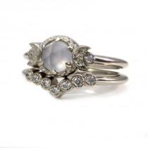 wedding photo - Rose Cut Blue Chalcedony and Diamond Crescent Moon Engagement Ring Set - Boho Modern Ring Set