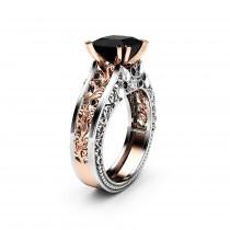 wedding photo - Princess Black Diamond Engagement Ring  14K Two Tone Gold Ring Victorian Black Diamond Engagement Ring