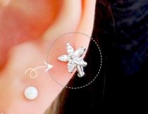 wedding photo - Flower hoop cartilage earring, hoop earrings, delicate flower tragus earring, endless hoop, dainty ring earring, CZ flower helix piercing