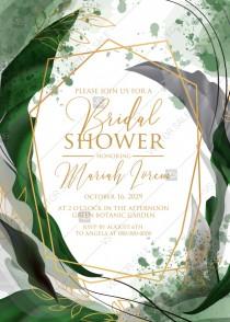 wedding photo -  Bridal shower wedding invitation set watercolor splash greenery floral wreath, floral, herbs garland gold frame PDF 5x7 in