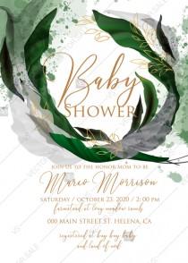 wedding photo -  Baby shower wedding invitation set watercolor splash greenery floral wreath, floral herbs garland gold frame PDF 5x7 in editor