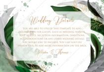 wedding photo -  Wedding details card invitation set watercolor splash greenery floral wreath, herb garland gold frame PDF 5x3.5 in online editor