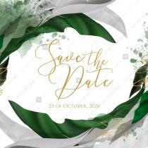 wedding photo -  Save the date wedding invitation set watercolor splash greenery floral wreath, herbs garland gold frame PDF 5,25x5,25 in