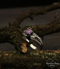 wedding photo - Branch and leaves engagement ring with amethyst, Unique branch ring, Tree bark ring in silver, Women's branch ring, Unusual engagement ring