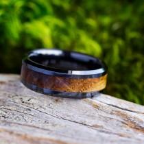 wedding photo - Black Ring For Men Inlaid With Whiskey Barrel Wood