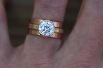 wedding photo - Moissanite Bezel Ring Set - Rose Gold and 14 or 18kt White Gold Wide Ring Set - Wide Rose Gold Moissanite Set - Interlocking - Stackable