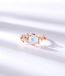 wedding photo - Vintage Moonstone engagement ring leaf flower ring alternative ring rose gold ring art deco promise ring prong set unique anniversary ring