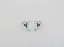 wedding photo - Vintage Sterling Silver White Opal & Blue Sapphire Ring Size 7