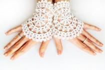 wedding photo -  White crochet wedding bridal gloves with organza ribbon, boho bride gloves crochet mittens bracelet, fingerless lace gloves cuff mittens