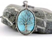 wedding photo - Sterling Silver Blue Turquoise Tree of life Necklace Pendant December Birthstone 25th Anniversary gift
