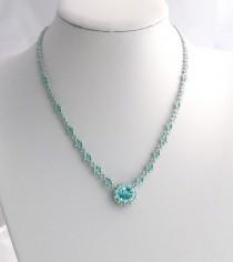 wedding photo - Aqua Beadwork Necklace with Light Turquoise Swarovski Crystals , Seed Beads and Sterling Silver Clasp