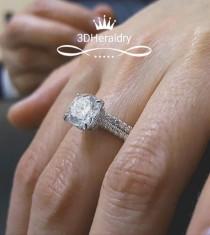 wedding photo -  Moissanite ring 3ct cushion diamond equivalent Forever one Moissanite engagement ring under halo hidden halo of natural diamonds 14k gold