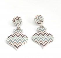 wedding photo - Long polymer clay earrings, chevron design earrings in shades of blue and brown geometric shape, polymer clay jewelry, statement earrings.