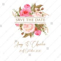 wedding photo -  Save the date wedding invitation set pink garden peony rose greenery PDF 5.25x5.25 in edit online