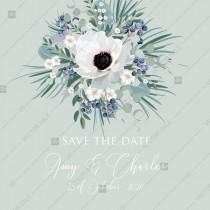 wedding photo -  Save the date wedding invitation set white anemone menthol greenery berry PDF 5.25x5.25 in edit online