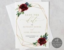 Save the Date Template, Burgundy Geometric, Demo Available, Printable Editable Instant Download wedding photo - Save the Date Template, Burgundy Geometric, Demo Available, Printable Editable Instant Download