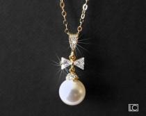 White Pearl Gold Bridal Necklace, Swarovski Pearl Drop Wedding Pendant, Bow Pearl Pendant, Wedding Pearl Gold Jewelry, Bridesmaids Necklace wedding photo - White Pearl Gold Bridal Necklace, Swarovski Pearl Drop Wedding Pendant, Bow Pearl Pendant, Wedding Pearl Gold Jewelry, Bridesmaids Necklace