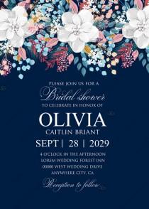 wedding photo -  Bridal shower white anemone winter navy blue background wedding invitation set PDF 5x7 in PDF maker