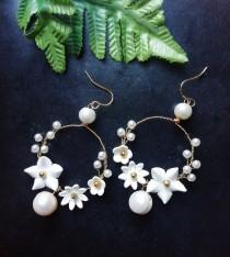 wedding photo -  Extra large flower bridal earrings with pearls, PFP-0055