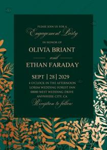 wedding photo -  Greenery herbal gold foliage emerald green wedding invitation set engagement party card template PDF 5x7 in edit online
