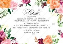 wedding photo -  Watercolor pink marsala peony wedding details card invitation set PDF 5x3.5 in invitation editor