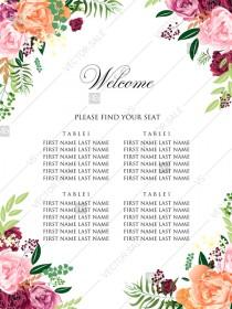 wedding photo -  Watercolor pink marsala peony wedding invitation set seating chart welcome banner PDF 18x24 in online editor