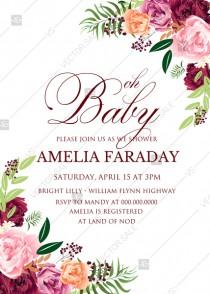 wedding photo -  Watercolor pink marsala peony wedding invitation set baby shower PDF 5x7 in customize online