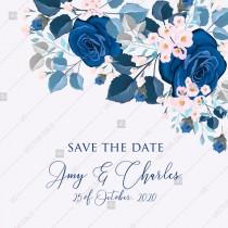 wedding photo -  Navy blue pink roses royal indigo sapphire floral background wedding Invitation set PDF 5.25x5.25 in save the date personalized