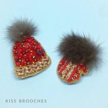 wedding photo -  Set of brooches, winter hat brooche, mitten with fur brooche, brooches with fur, embroided hat, embroided mitten, beaded hat