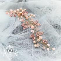 wedding photo -  Gold hair vine with in pink color. Very tender and delicate. Best match for your festive or wedding hairstyle MEASUREMENT Approx. 6" long ⠀ ▶️ Hair vine - #amkjewel