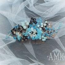 wedding photo -  Decorative bridal comb with pearl beads different sizes, flowers and Czech crystal. Delivery all over the world takes about 10-30 days (free shipping) MEASUREMENT Approx. 5" long x 3,5" tall ⠀ ▶️ Decorative combs - #amkjewelscombs ▶️ Blue color - #amkjewe