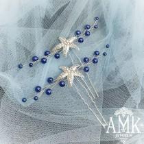 wedding photo -  Set of starfish hair pins. Color of pearl beads can be different. This set is very versatile so you can use two or 4 hair pins in different hairstyles as Greece ponytails or bun. MEASUREMENT Approx. 3,5 in ⠀ ▶️ Hair pins - #amkjewelshairpins ▶️ Blue color
