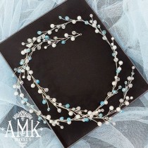 wedding photo -  Thin light hair vine for wedding with Czech crystals and pearl beads. The wire is silvery, flexible and at the same time rigid, it will not lose its shape. The vine fastened to the hairstyle with hair pins or bobby pins. Delivery all over the world takes 