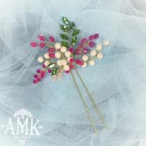wedding photo -  Hair pin for bridesmaid, pink crystals hair accessories, green hair pin, green rhinestones bridesmaid accessory, pink green white hair pin