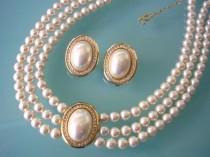wedding photo -  Vintage Rosita Pearl Choker And Earrings Set, Vintage Pearl Choker, 3 Strand Pearls, Vintage Bridal, Bridal Choker, Art Deco, Great Gatsby