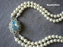 wedding photo -  Pearl and Aquamarine Necklace, Vintage Pearl Choker, Aqua, Blue Topaz, Two Strand, Bridal Pearls, Pearls With Side Clasp