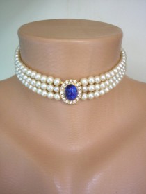 wedding photo -  Vintage Attwood And Sawyer Pearl Choker, Pearl Jewelry, Vintage Lapis Lazuli Choker, Peking Glass, Bridal Pearls, A&S Jewelry, Blue Wedding